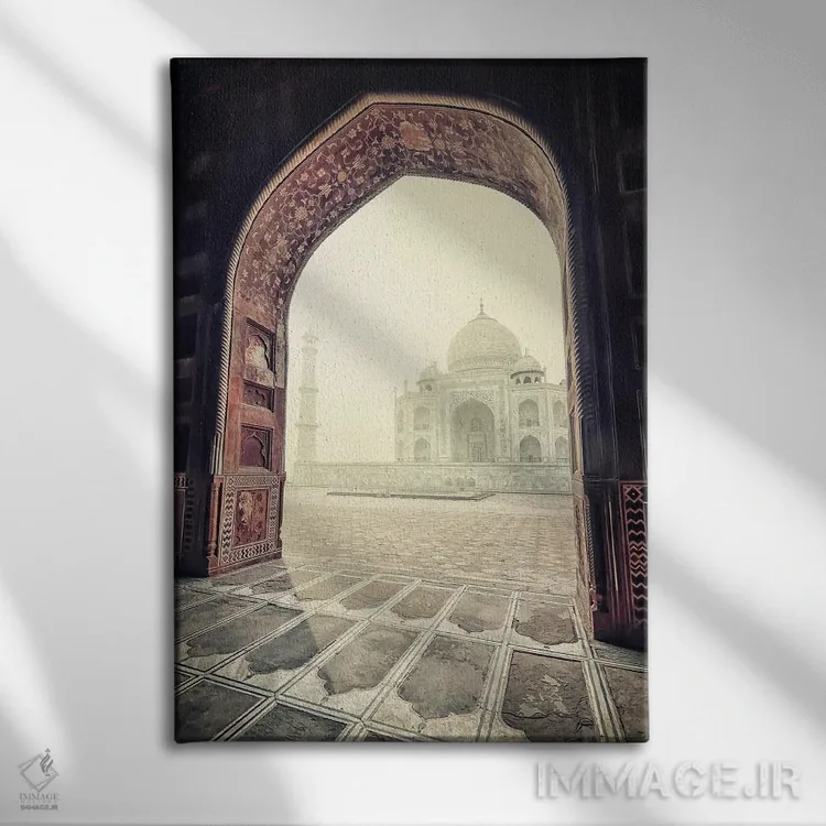 تابلو دکوراتیو تاج محل به رنگ سپیا اثر مانجیک پیکچرز - نمای روبهرو روی دیوار