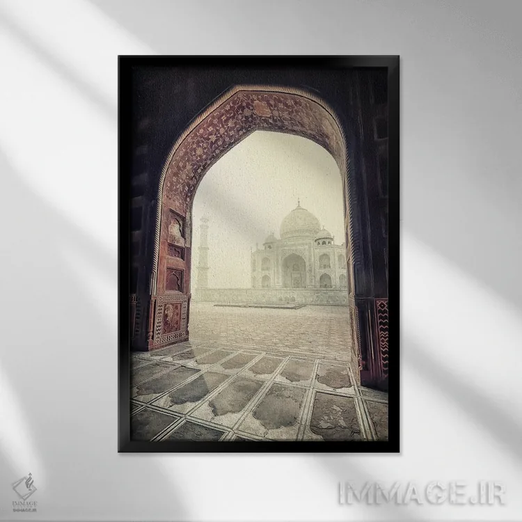 تابلو دکوراتیو تاج محل به رنگ سپیا اثر مانجیک پیکچرز - نمای قابدار مشکی