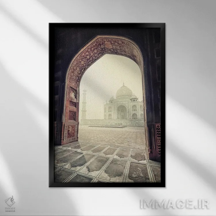 تابلو دکوراتیو تاج محل به رنگ سپیا اثر مانجیک پیکچرز - نمای قابدار مشکی