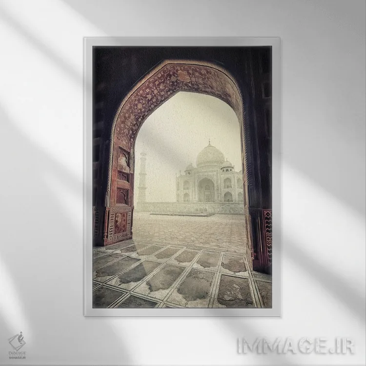 تابلو دکوراتیو تاج محل به رنگ سپیا اثر مانجیک پیکچرز - نمای قابدار سفید