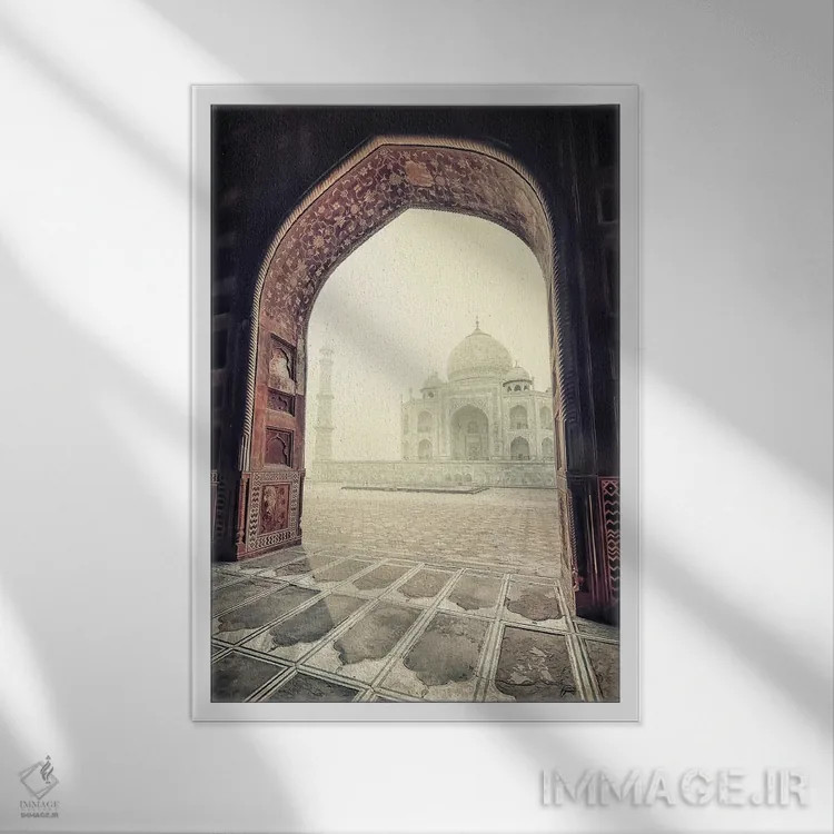 تابلو دکوراتیو تاج محل به رنگ سپیا اثر مانجیک پیکچرز - نمای قابدار سفید
