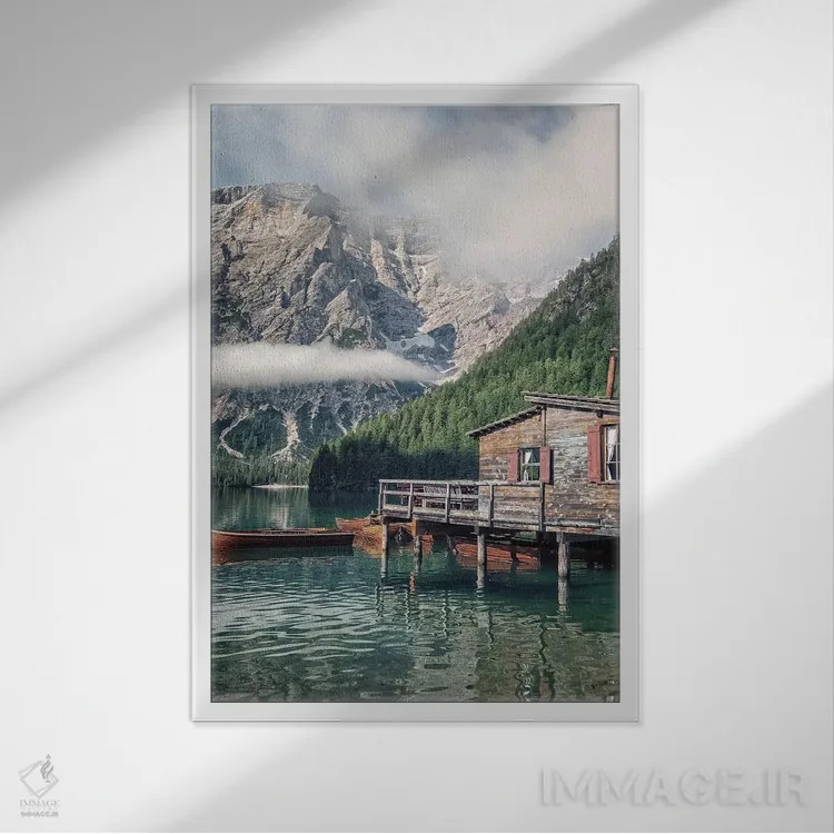 تابلو دکوراتیو کلبه ای کنار دریاچه اثر مانجیک پیکچرز - نمای قابدار سفید