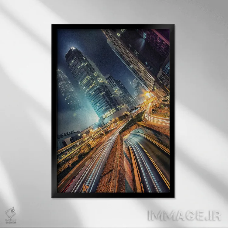 تابلو دکوراتیو هنگ کنگ در شب اثر مانجیک پیکچرز - نمای قابدار مشکی