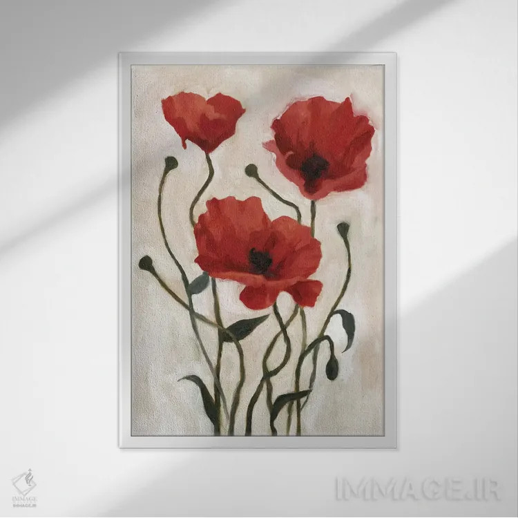 تابلو دکوراتیو دسته گل شقایق ۱ اثر اما اسکاروی - نمای قابدار سفید