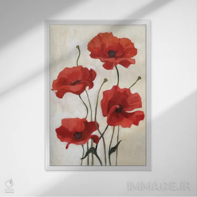 تابلو دکوراتیو دسته گل شقایق ۳ اثر اما اسکاروی - نمای قابدار سفید