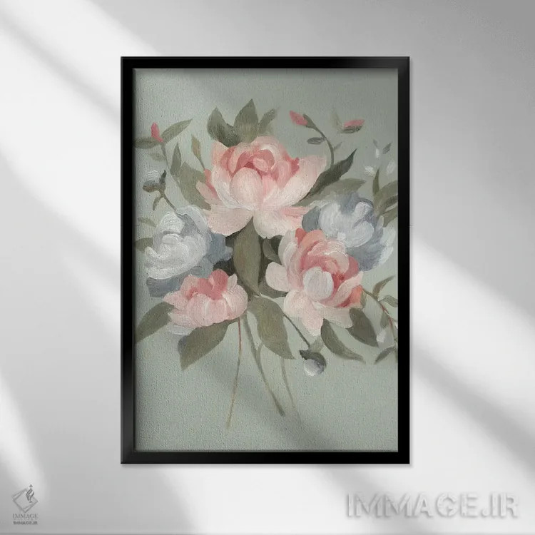 تابلو دکوراتیو دسته گل پاستلی ۱ اثر اما اسکاروی - نمای قابدار مشکی