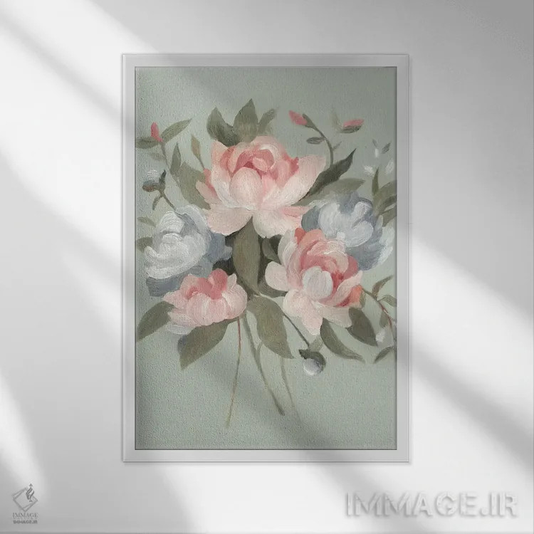 تابلو دکوراتیو دسته گل پاستلی ۱ اثر اما اسکاروی - نمای قابدار سفید