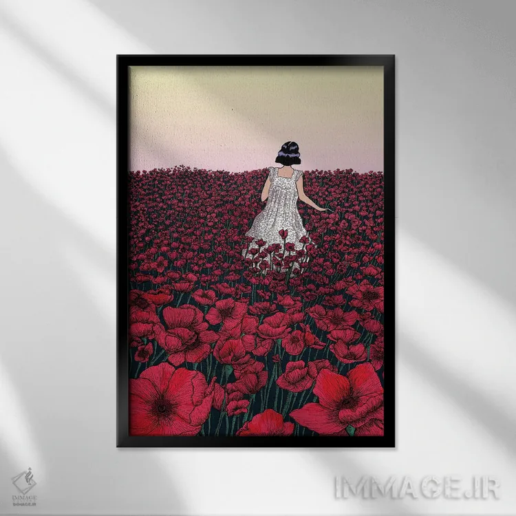 تابلو دکوراتیو مزرعه شقایق اثر الا مازور - نمای قابدار مشکی