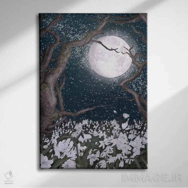 تابلو دکوراتیو گل های برفی در نور ماه اثر الا مازور - نمای روبهرو روی دیوار