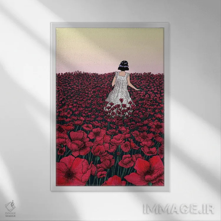 تابلو دکوراتیو مزرعه شقایق اثر الا مازور - نمای قابدار سفید