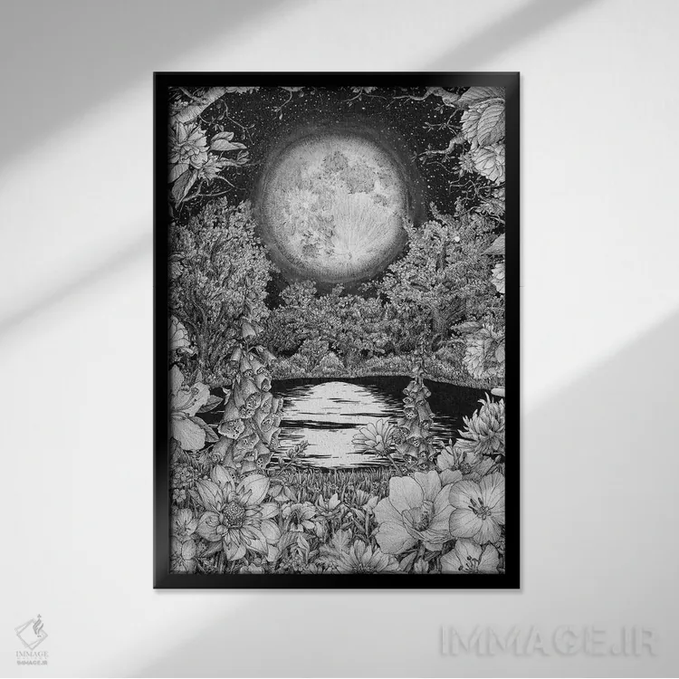 تابلو دکوراتیو بازتاب های باغ ماه اثر الا مازور - نمای قابدار مشکی