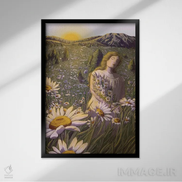 تابلو دکوراتیو خورشید طلوع می کند و من گل ها را جمع می آورم اثر الا مازور - نمای قابدار مشکی