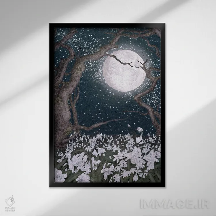 تابلو دکوراتیو گل های برفی در نور ماه اثر الا مازور - نمای قابدار مشکی