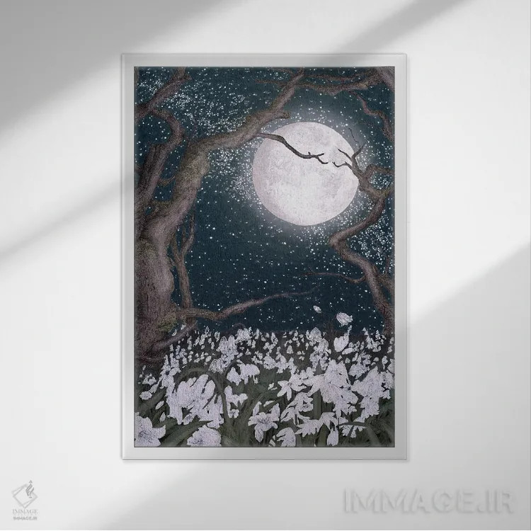 تابلو دکوراتیو گل های برفی در نور ماه اثر الا مازور - نمای قابدار سفید