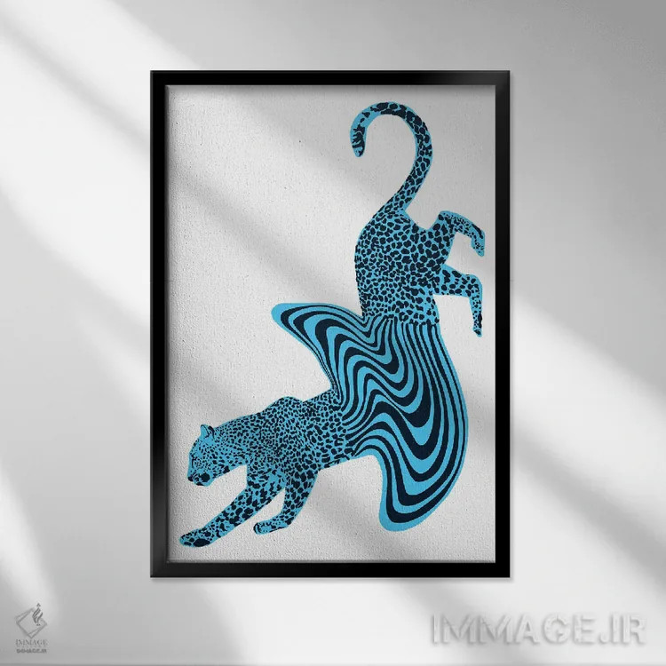 تابلو مینیمال یوزپلنگ ذوب شده آبی اثر الا مازور - نمای قابدار مشکی