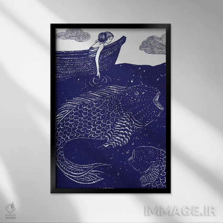 تابلو مدرن چراغ های آبی درخشان دریا اثر الا مازور - نمای قابدار مشکی