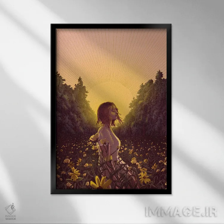تابلو دکوراتیو علفزار هنگام سحر اثر الا مازور - نمای قابدار مشکی