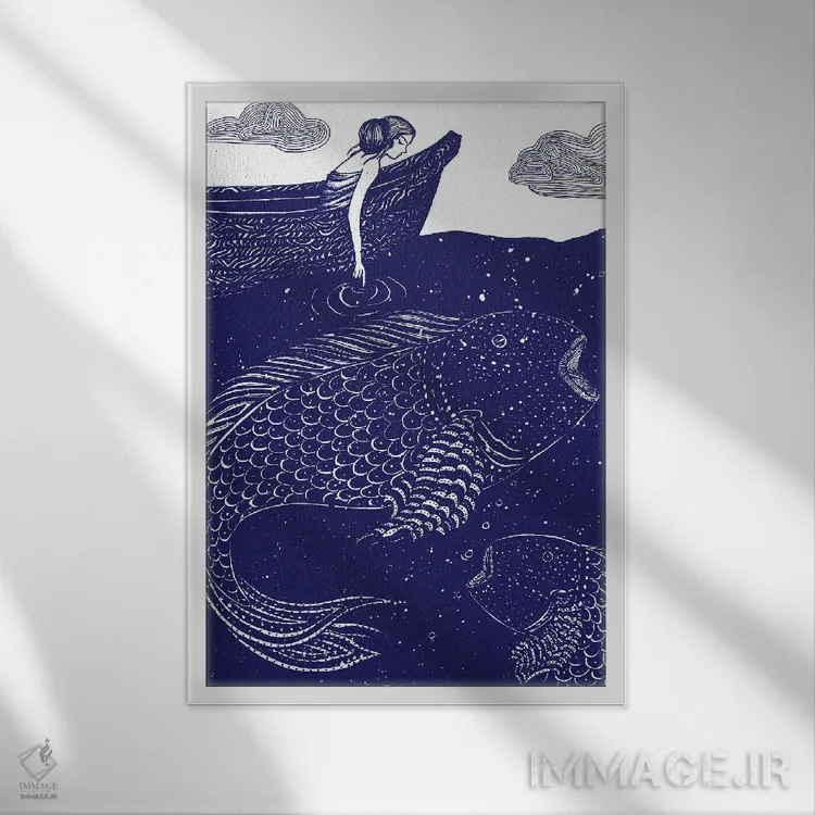 تابلو مدرن چراغ های آبی درخشان دریا اثر الا مازور - نمای قابدار سفید