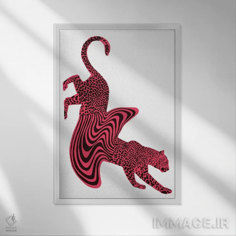 تابلو مینیمال یوزپلنگ ذوب شده صورتی اثر الا مازور - نمای قابدار سفید