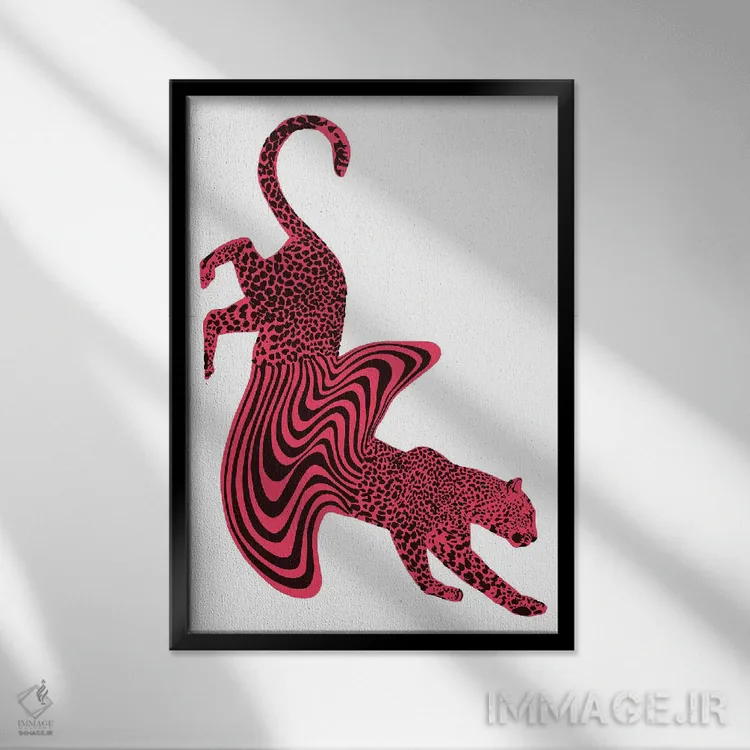 تابلو مینیمال یوزپلنگ ذوب شده صورتی اثر الا مازور - نمای قابدار مشکی