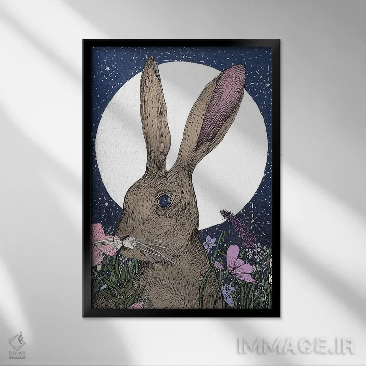 تابلو دکوراتیو خرگوش و ماه اثر الا مازور - نمای قابدار مشکی