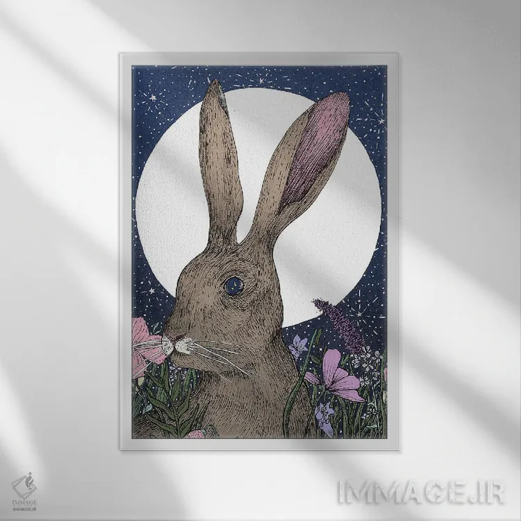 تابلو دکوراتیو خرگوش و ماه اثر الا مازور - نمای قابدار سفید