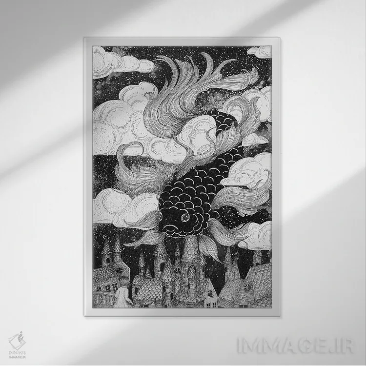 تابلو دکوراتیو ماهی آسمانی اثر الا مازور - نمای قابدار سفید