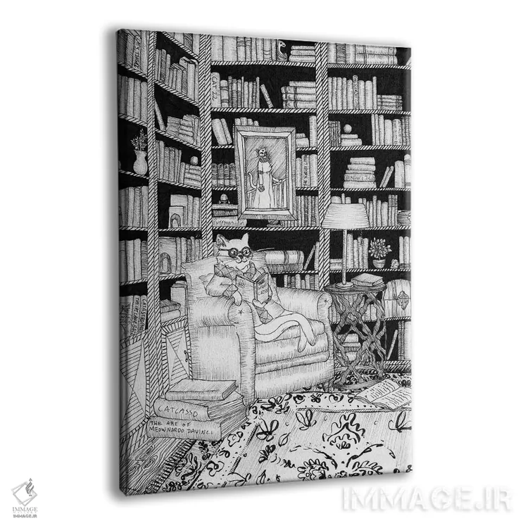 تابلو دکوراتیو کتابخانه گربه اثر الا مازور - نمای پرسپکتیو محصول