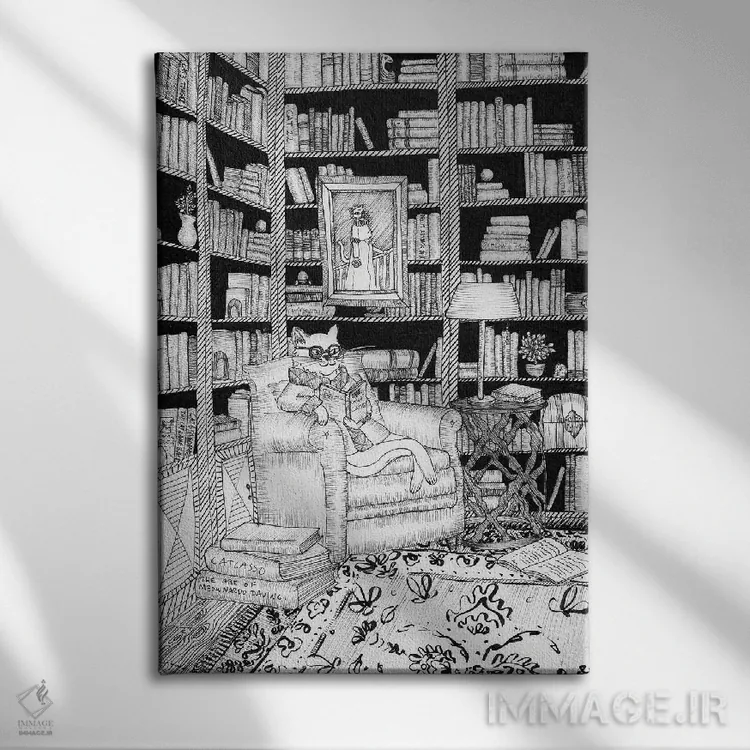 تابلو دکوراتیو کتابخانه گربه اثر الا مازور - نمای روبهرو روی دیوار