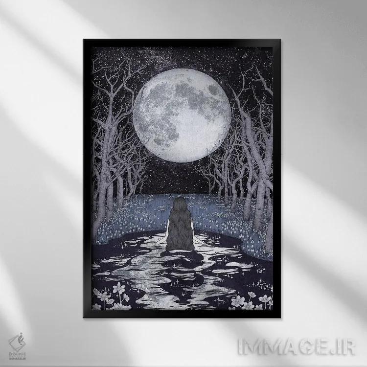 تابلو دکوراتیو حمام کننده مهتاب اثر الا مازور - نمای قابدار مشکی