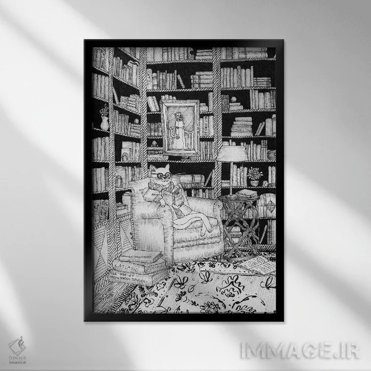 تابلو دکوراتیو کتابخانه گربه اثر الا مازور - نمای قابدار مشکی