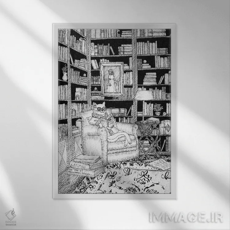 تابلو دکوراتیو کتابخانه گربه اثر الا مازور - نمای قابدار سفید