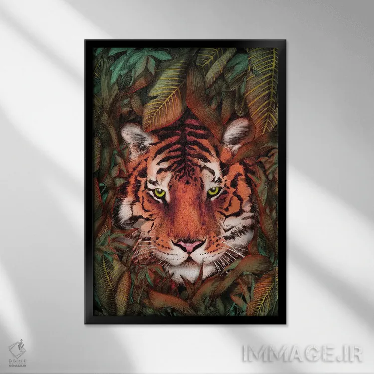 تابلو دکوراتیو بزرگی ببر جنگل اثر الا مازور - نمای قابدار مشکی