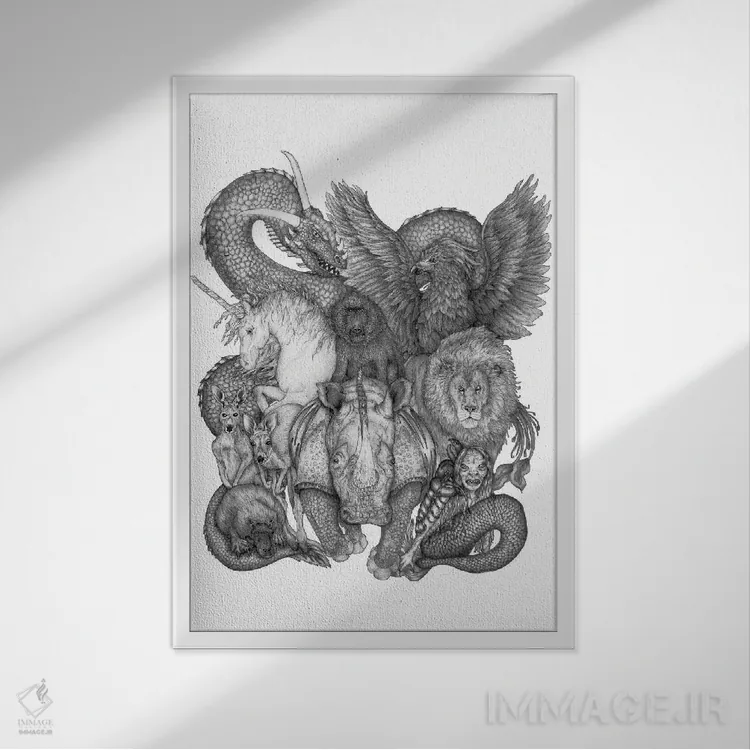 تابلو دکوراتیو مجموعه غیرممکن جانوران اثر الا مازور - نمای قابدار سفید