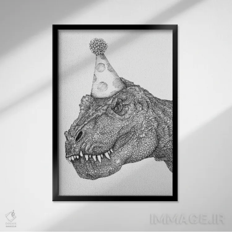 تابلو دکوراتیو دایناسور مهمانی اثر الا مازور - نمای قابدار مشکی