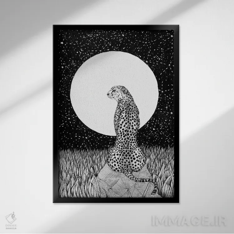 تابلو دکوراتیو ماه یوزپلنگ اثر الا مازور - نمای قابدار مشکی