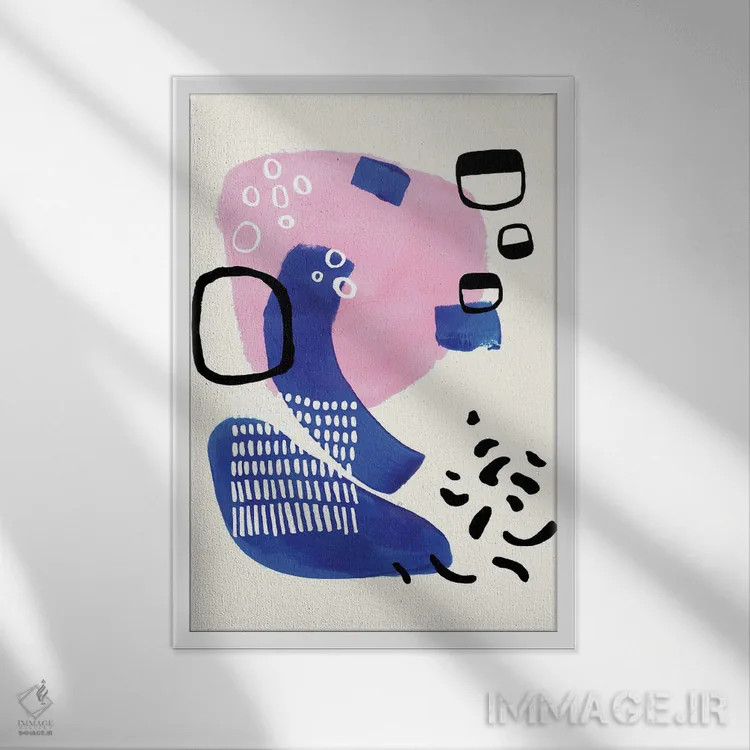 تابلو مینیمال صورتی نئون و آبی سلطنتی اثر ان شیپ - نمای قابدار سفید