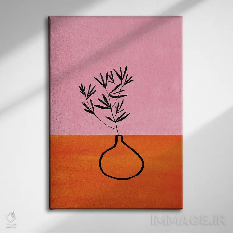 تابلو مینیمال گیاه آپارتمانی صورتی و نارنجی اثر ان شیپ - نمای روبهرو روی دیوار