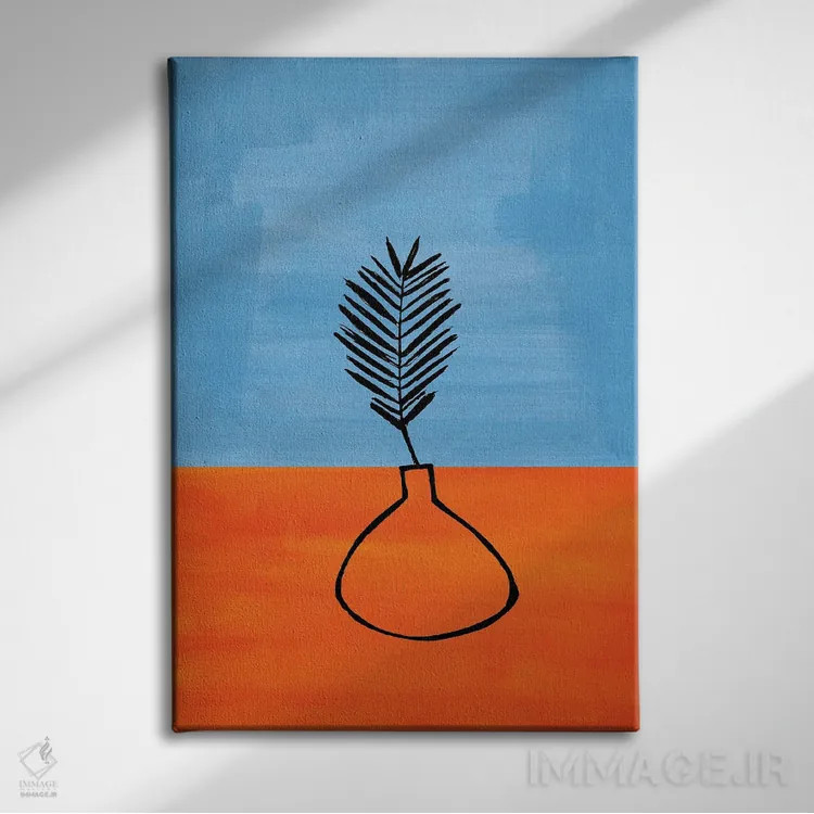 تابلو مینیمال گیاه آپارتمانی آبی غباری و نارنجی اثر ان شیپ - نمای روبهرو روی دیوار