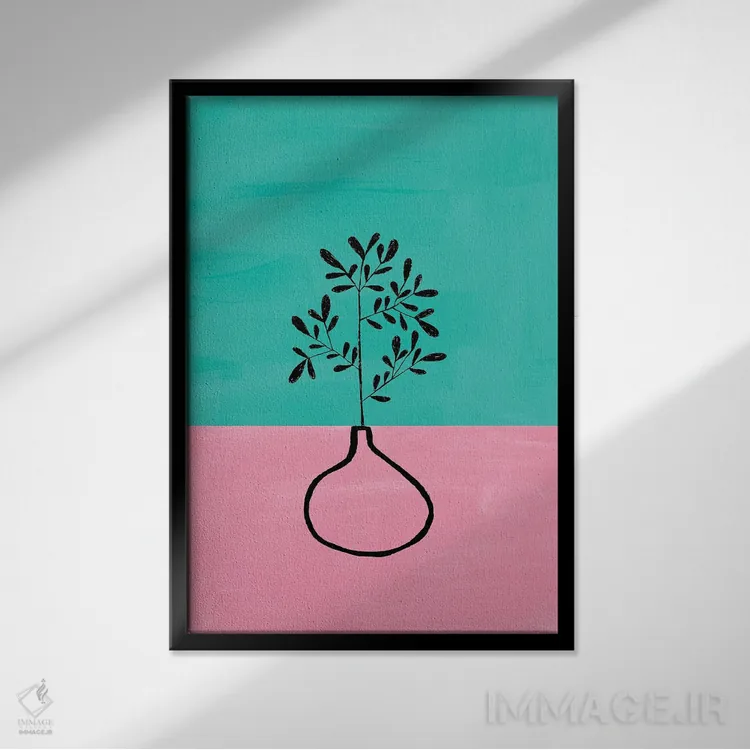 تابلو مینیمال گیاه آپارتمانی فیروزه ای اثر ان شیپ - نمای قابدار مشکی