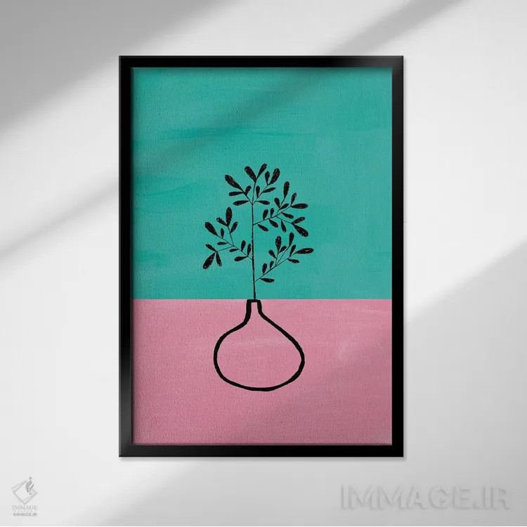 تابلو مینیمال گیاه آپارتمانی فیروزه ای اثر ان شیپ - نمای قابدار مشکی