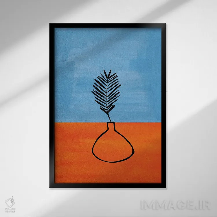 تابلو مینیمال گیاه آپارتمانی آبی غباری و نارنجی اثر ان شیپ - نمای قابدار مشکی