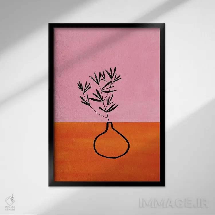 تابلو مینیمال گیاه آپارتمانی صورتی و نارنجی اثر ان شیپ - نمای قابدار مشکی