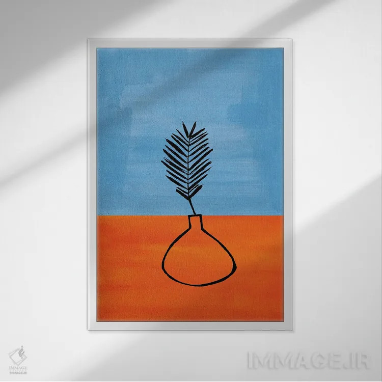 تابلو مینیمال گیاه آپارتمانی آبی غباری و نارنجی اثر ان شیپ - نمای قابدار سفید