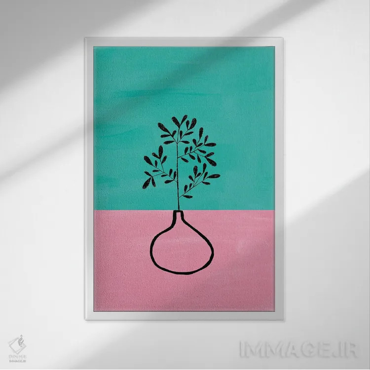 تابلو مینیمال گیاه آپارتمانی فیروزه ای اثر ان شیپ - نمای قابدار سفید