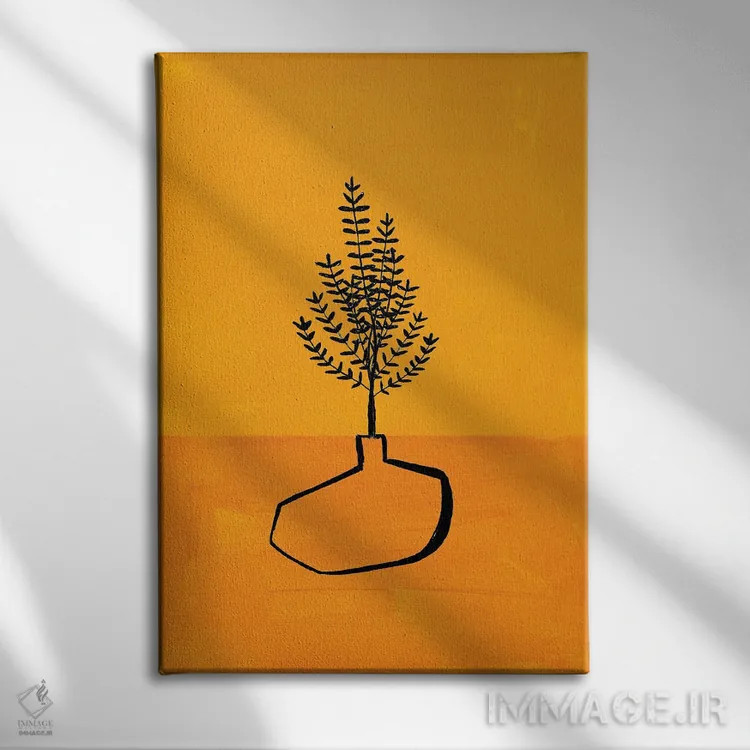 تابلو مینیمال گلدان زرد عتیقه اثر ان شیپ - نمای روبهرو روی دیوار