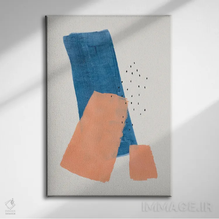 تابلو مینیمال تکه های هلویی آبی نفتی اثر ان شیپ - نمای روبهرو روی دیوار