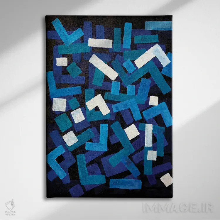 تابلو انتزاعی جاز آبی اثر ان شیپ - نمای روبهرو روی دیوار