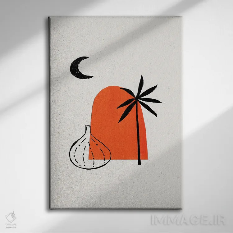 تابلو مینیمال گلدان با نخل و ویرانه های باستانی اثر ان شیپ - نمای روبهرو روی دیوار