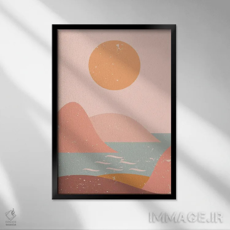 تابلو مینیمال خورشید کوهستان اقیانوس اثر ان شیپ - نمای قابدار مشکی